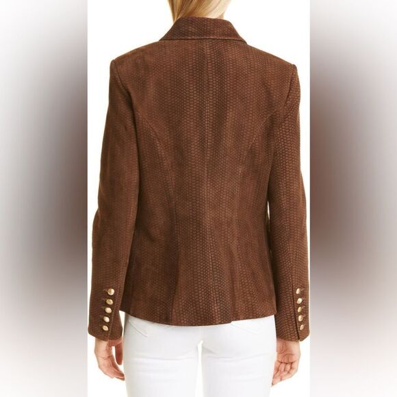 L'AGENCE $1595 Kenzie Double Breasted Leather Blazer in brown suede - Picture 4 of 15